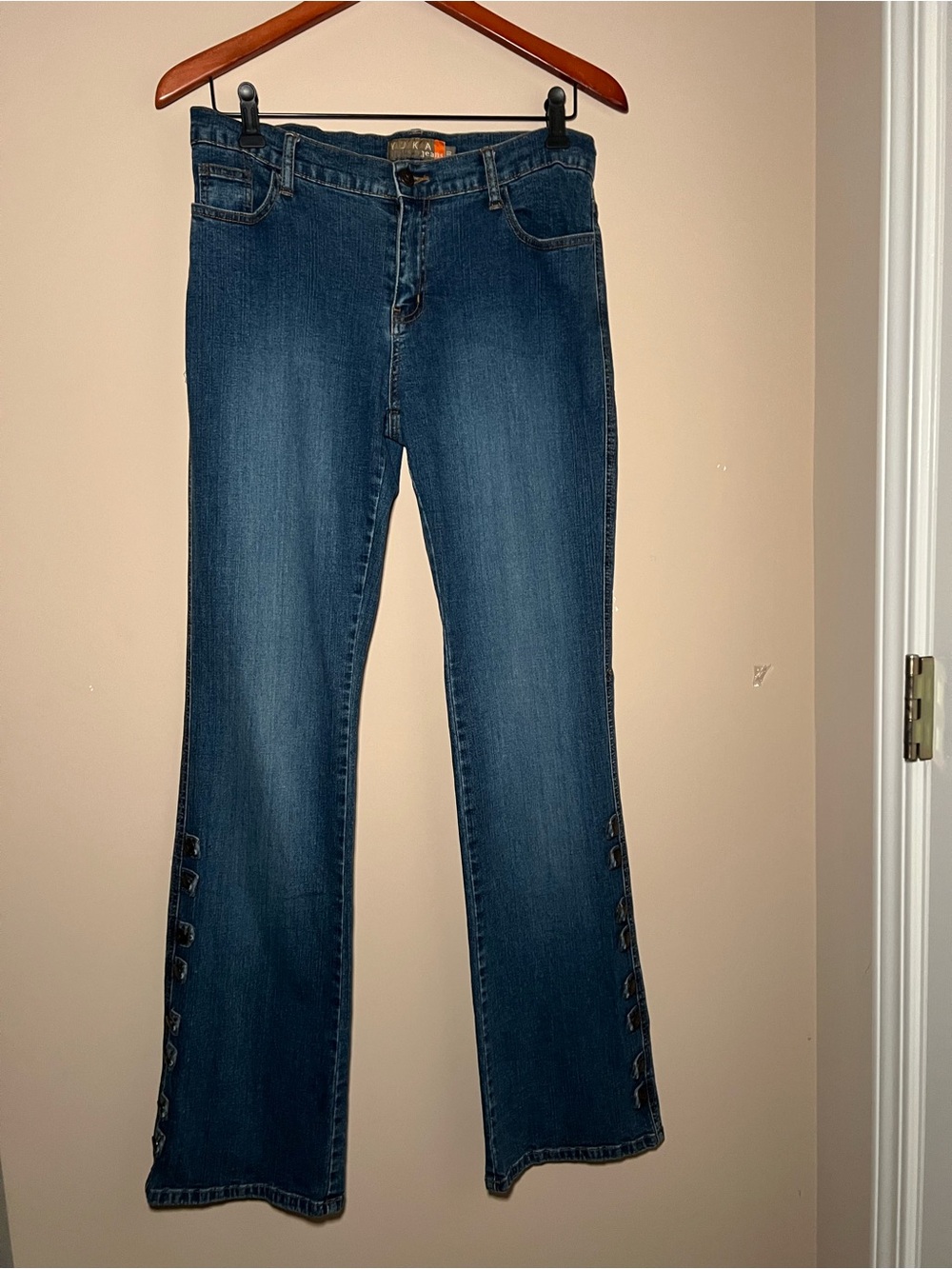 Dark Blue Flare Jeans with Side Button Trim